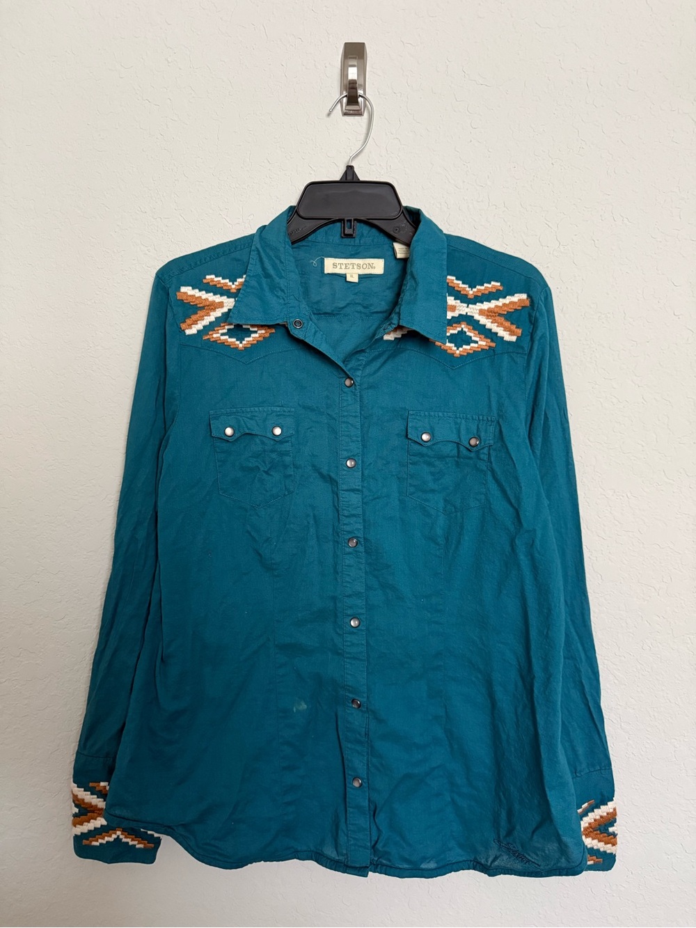 Stetson Turquoise Snap Button Up Shirt Sz XL Western Cowgirl Cotton Embroidered